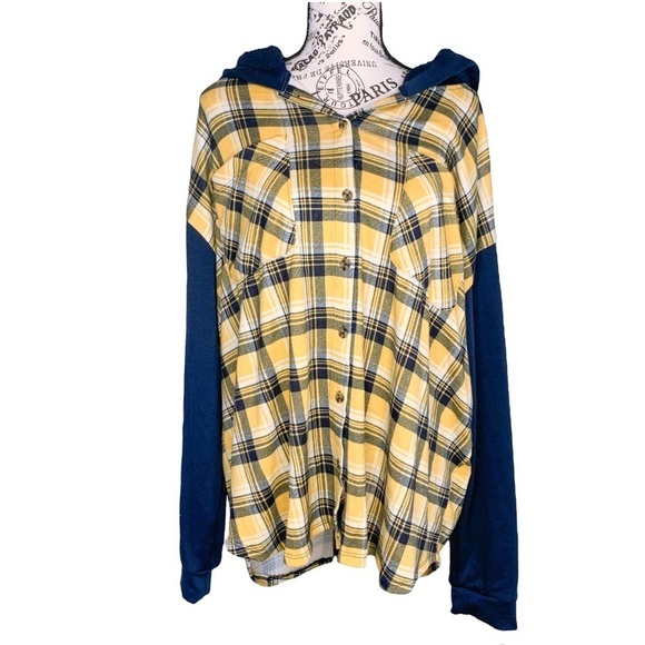 Mik Mesh Plaid Button Down Faux Sherpa Hoodie in Yellow Navy Blue Size 3XL - Picture 15 of 16